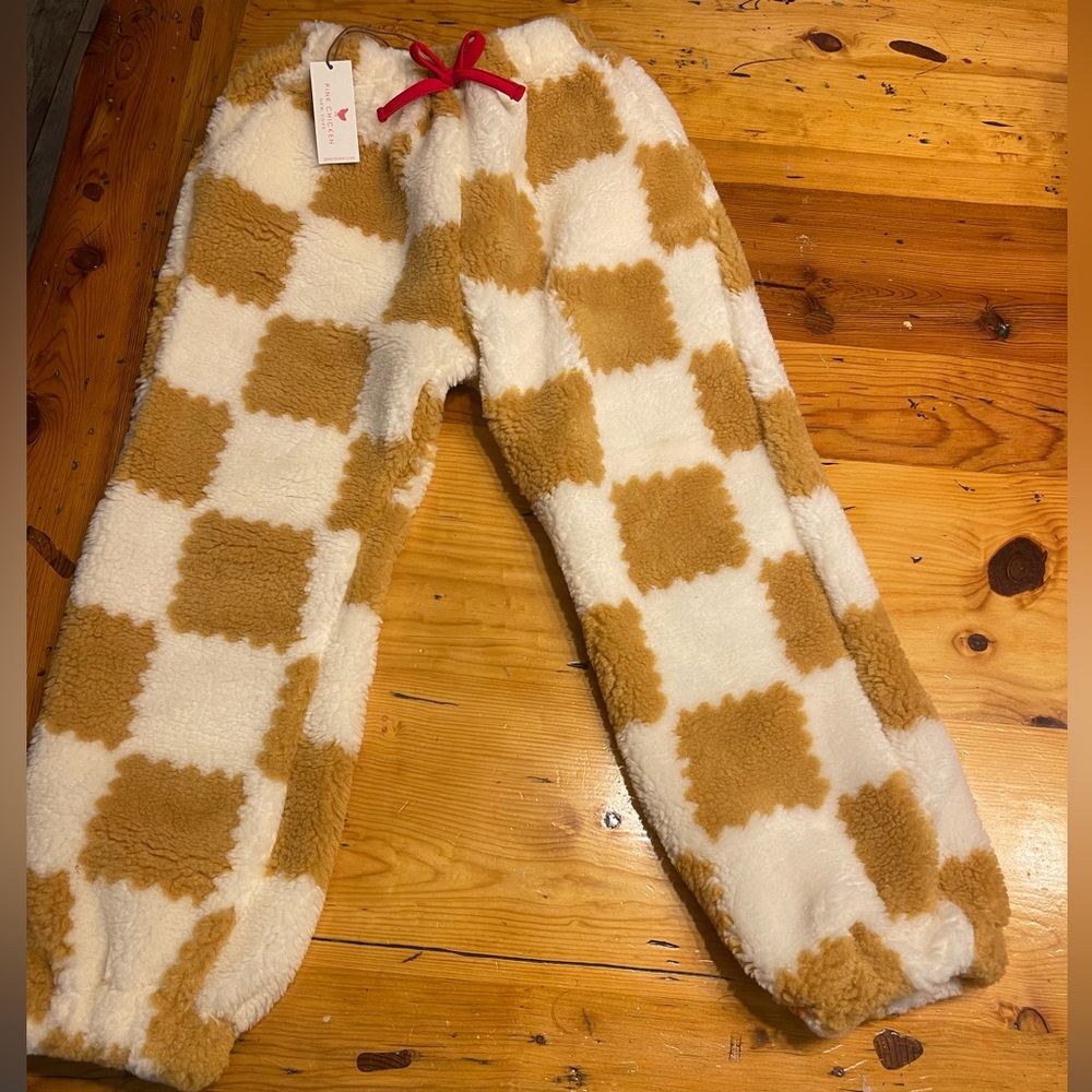 Pink Chicken fuzzy sweatpants cream, and tan checked with a beautiful red piping